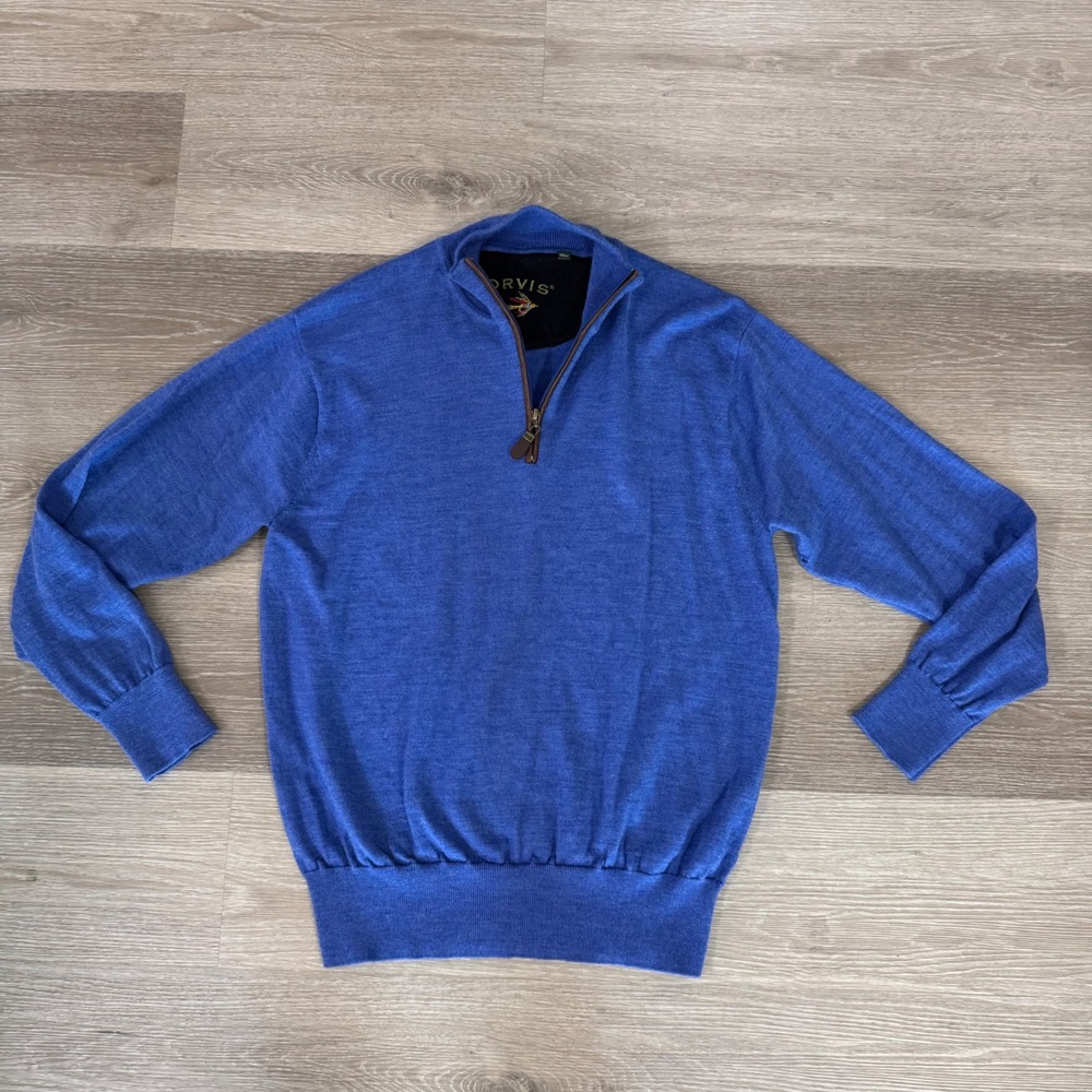 Orvis Sweater Mens L Blue 1/4 Zip Merino Wool Pullover RN 70534